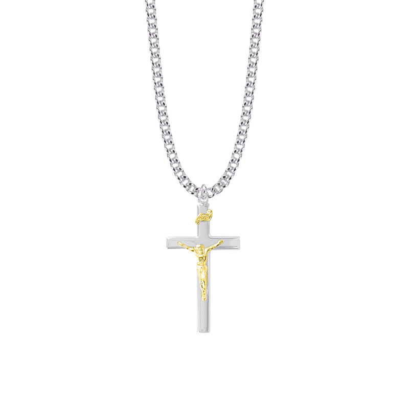1-3/8 Inch Two-tone Sterling Silver Crucifix Necklace