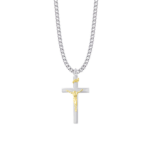1-3/8 Inch Two-tone Sterling Silver Crucifix Necklace