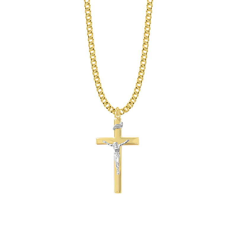 1-3/8 Inch Two-tone Gold Plated Over Sterling Silver Crucifix Necklace
