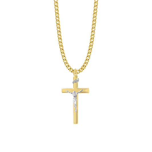 1-3/8 Inch Two-tone Gold Plated Over Sterling Silver Crucifix Necklace