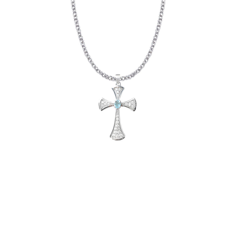 Sterling Silver Flared Cross Necklace with Aqua Glass CZ Stone Center