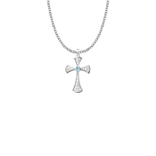 Sterling Silver Flared Cross Necklace with Aqua Glass CZ Stone Center