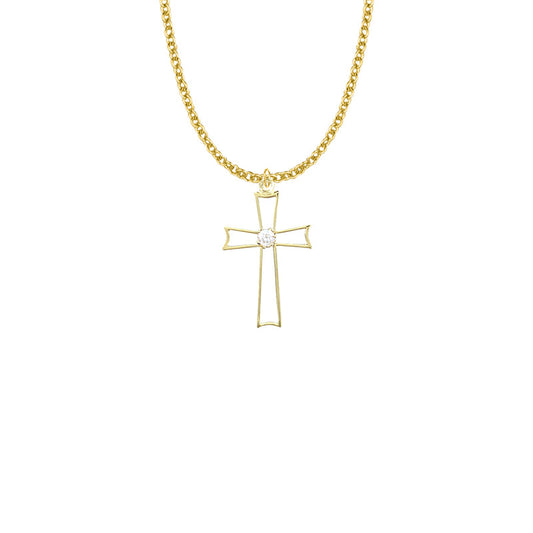 Gold Plated Over Sterling Silver Pierced Cross Necklace with Centered Cubic Zirconia Stone