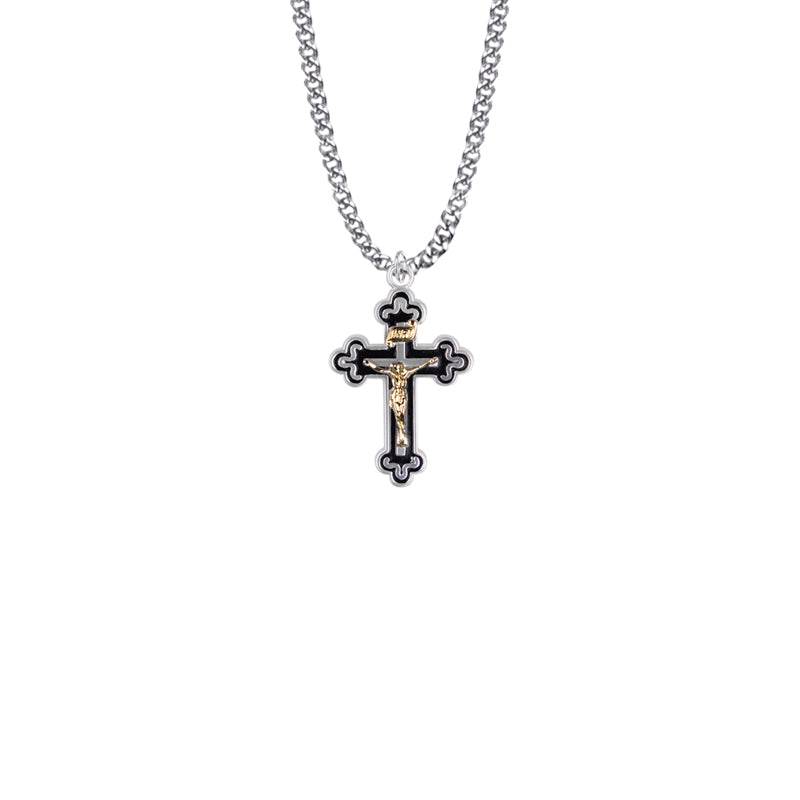 Two-Tone Sterling Silver Budded Ends Black Enameled Crucifix Necklace