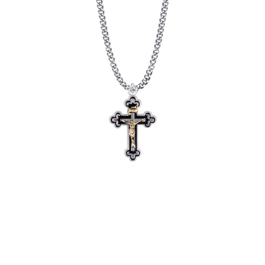 Two-Tone Sterling Silver Budded Ends Black Enameled Crucifix Necklace
