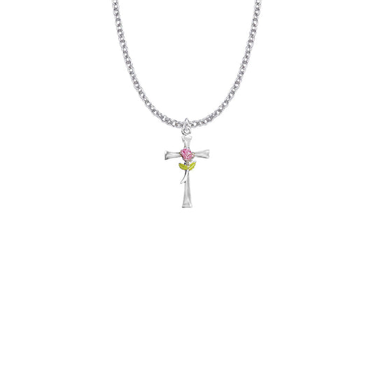 Sterling Silver Enameled Rose Cross Necklace