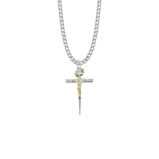 1-3/8 Inch Sterling Silver Two-Tone Crown of Thorns Crucifix Necklace