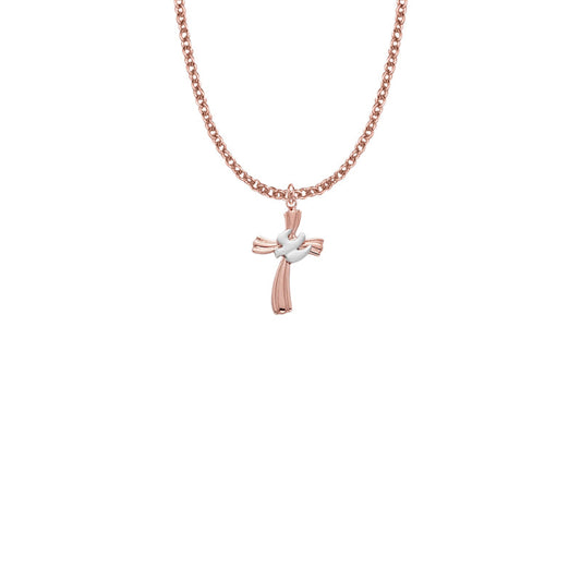 Two-Tone Rose Gold Over Sterling Silver Dove on Ribbon Cross Necklace