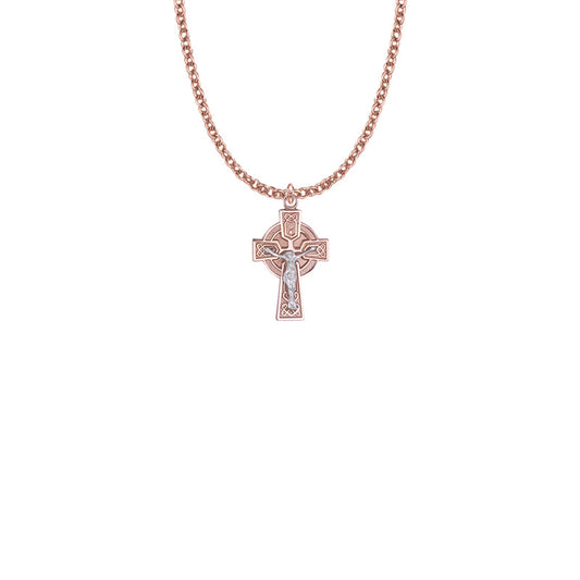Two-Tone Rose Gold Over Sterling Silver Celtic Halo Crucifix Necklace