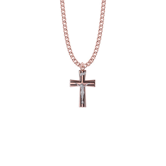 Two-Tone Rose Gold Over Sterling Silver Black Enameled Crucifix Necklace