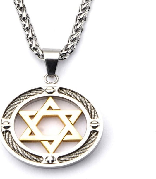 Jewish Star, Steel Gold IP Star of David with Cable Inlayed in Circle Pendant