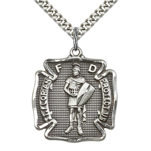 St Florian Sterling Silver Pendant on a 24 inch Light Rhodium Heavy Curb Chain.