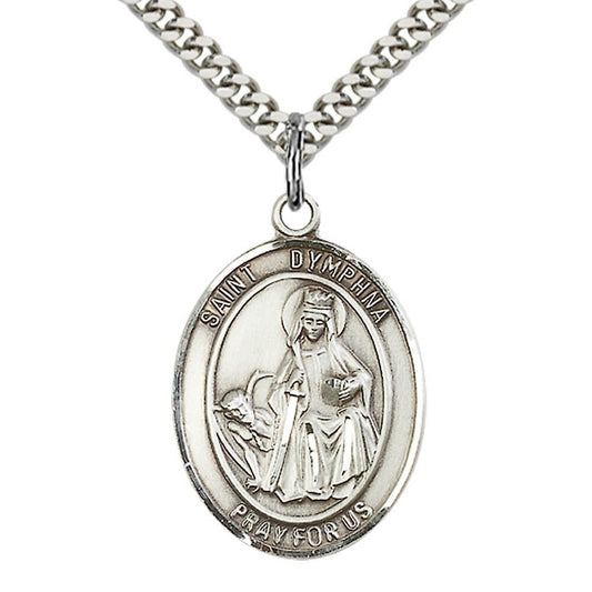 St Dymphna Sterling Silver Pendant on a 24 inch Light Rhodium Heavy Curb Chain.