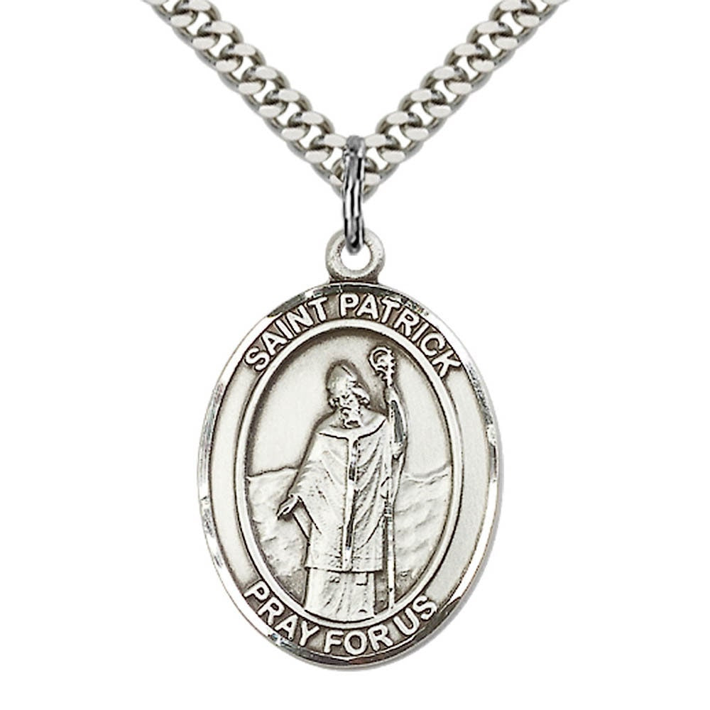 St Patrick Sterling Silver Pendant on a 24 inch Light Rhodium Heavy Curb Chain.