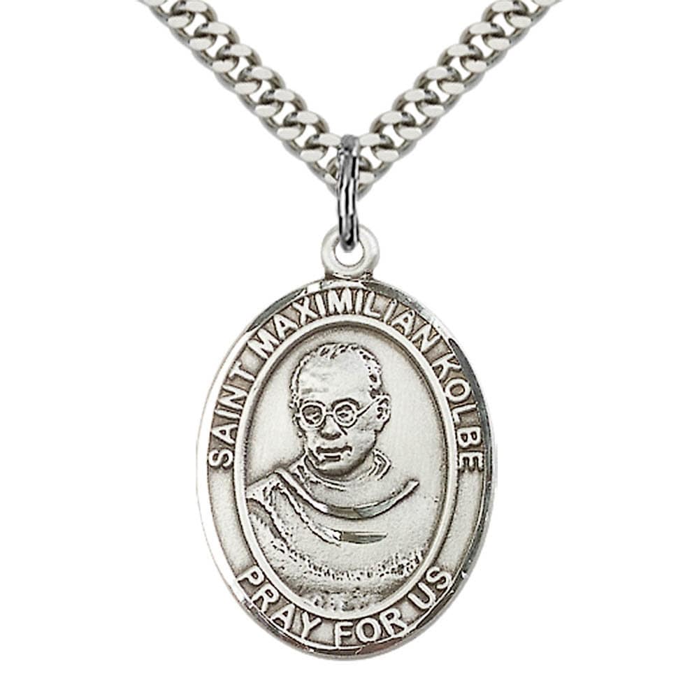 St Maximilian Kolbe Sterling Silver Pendant on a 24 inch Light Rhodium Heavy Curb Chain.