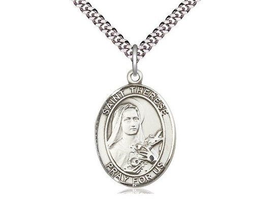 St Therese of Lisieux Sterling Silver Pendant on a 24 inch Light Rhodium Heavy Curb Chain.