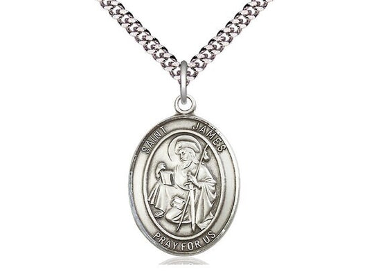 St James the Greater Sterling Silver Pendant on a 24 inch Light Rhodium Heavy Curb Chain.