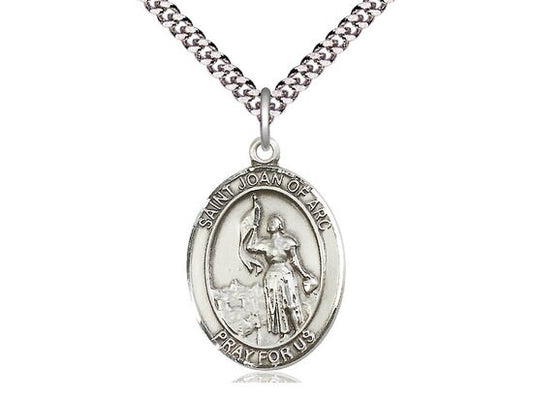 St Joan of Arc Sterling Silver Pendant on a 24 inch Light Rhodium Heavy Curb Chain.