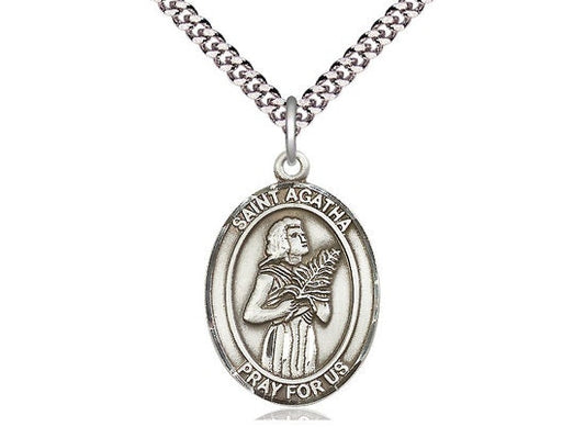 St Agatha Sterling Silver Pendant on a 24 inch Light Rhodium Heavy Curb Chain.