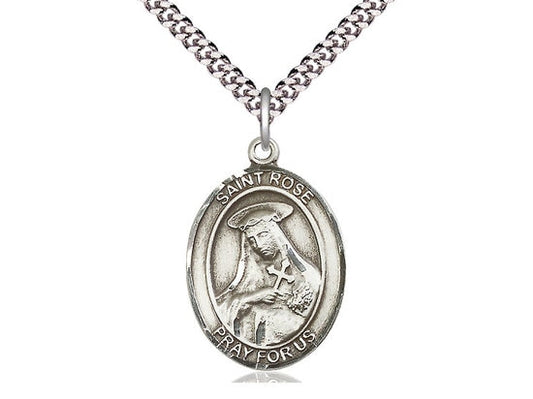 St Rose of Lima Sterling Silver Pendant on a 24 inch Light Rhodium Heavy Curb Chain.