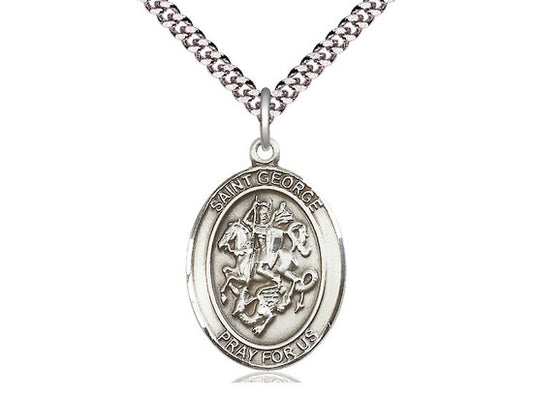St George  Sterling Silver Pendant on a 24 inch Light Rhodium Heavy Curb Chain.