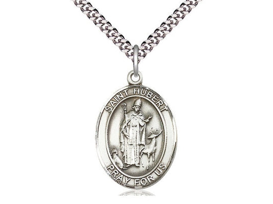 St Hubert of Liege  Sterling Silver Pendant on a 24 inch Light Rhodium Heavy Curb Chain.