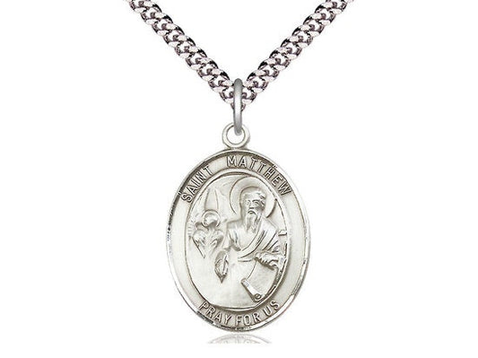 St Matthew the Apostle Sterling Silver Pendant on a 24 inch Light Rhodium Heavy Curb Chain.