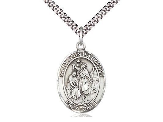 St John the Baptist Sterling Silver on a 24 inch Light Rhodium Heavy Curb Chain.