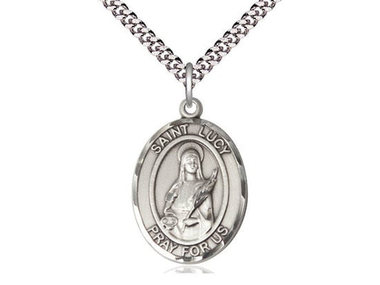 St Lucy Sterling Sterling Silver Pendant  on a 24 inch Light Rhodium Heavy Curb Chain.