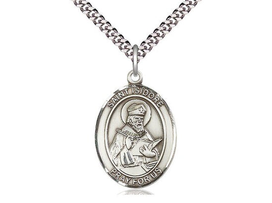 St Isidore of Seville Sterling Silver Pendant on a 24 inch Light Rhodium Heavy Curb Chain.