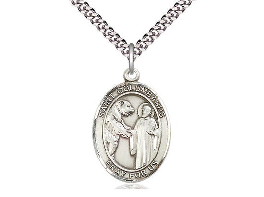 St Columbanus Sterling Silver Pendant on a 24 inch Light Rhodium Heavy Curb Chain.