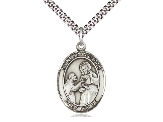 St John of God Sterling Silver Pendant on a 24 inch Light Rhodium Heavy Curb Chain.