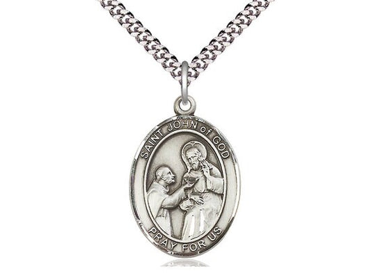 St John of God Sterling Silver Pendant on a 24 inch Light Rhodium Heavy Curb Chain.