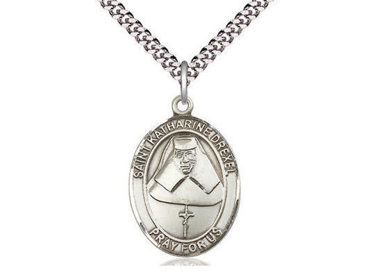 St Katharine Drexel Sterling Silver Pendant on a 24 inch Light Rhodium Heavy Curb Chain.