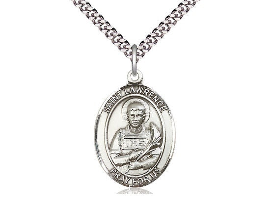 St Lawrence Sterling Silver Pendant on a 24 inch Light Rhodium Heavy Curb Chain.