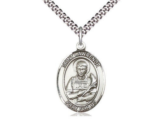 St Lawrence Sterling Silver Pendant on a 24 inch Light Rhodium Heavy Curb Chain.