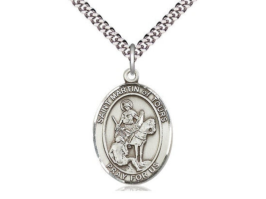 St Martin of Tours Sterling Silver Pendant on a 24 inch Light Rhodium Heavy Curb Chain.