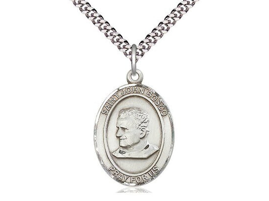 St John Bosco Sterling Silver Pendant on a 24 inch Light Rhodium Heavy Curb Chain.
