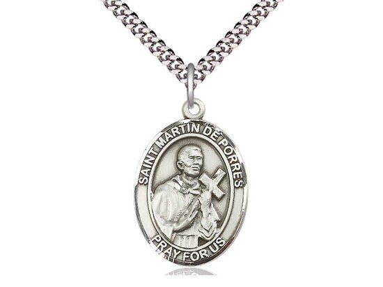St Martin de Porres Sterling Silver Pendant on a 24 inch Light Rhodium Heavy Curb Chain.