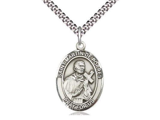 St Martin de Porres Sterling Silver Pendant on a 24 inch Light Rhodium Heavy Curb Chain.