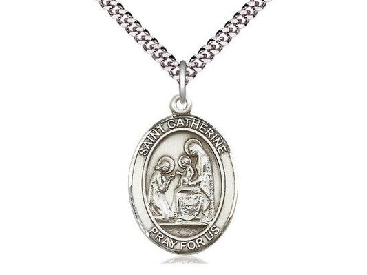 St Catherine of Siena Sterling Silver Pendant on a 24 inch Light Rhodium Heavy Curb Chain.