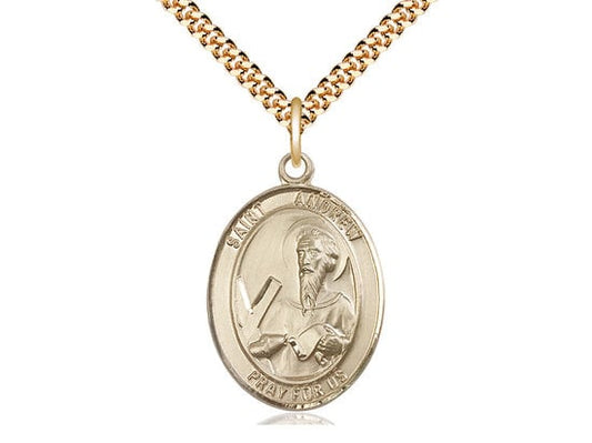 St Andrew the Apostle Gold Filled Pendant on a 24 inch Light Rhodium Heavy Curb Chain.