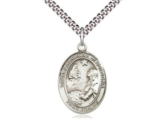 St Catherine of Bologna Sterling Silver Pendant on a 24 inch Light Rhodium Heavy Curb Chain.