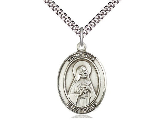 St Rita of Cascia Sterling Silver Pendant on a 24 inch Light Rhodium Heavy Curb Chain.