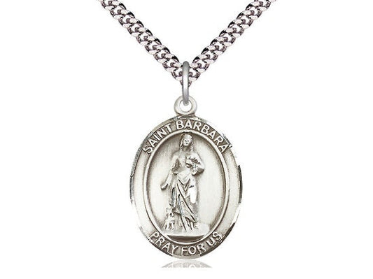 St Barbara Sterling Silver Pendant on a 24 inch Light Rhodium Heavy Curb Chain.
