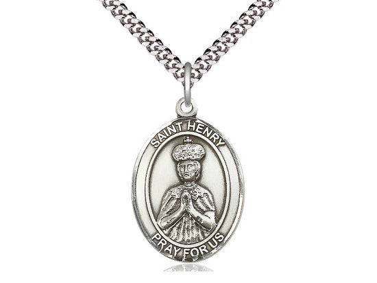 St Henry II Sterling Silver Pendant on a 24 inch Light Rhodium Heavy Curb Chain.