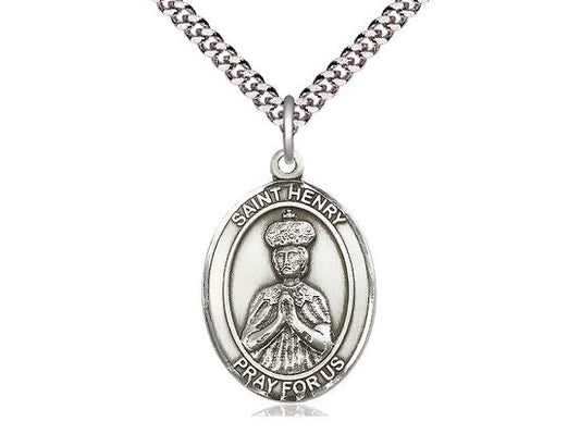 St Henry II Sterling Silver Pendant on a 24 inch Light Rhodium Heavy Curb Chain.