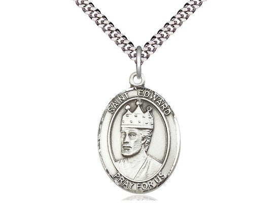 St Edward the Confessor Sterling Silver Pendant on a 24 inch Light Rhodium Heavy Curb Chain.
