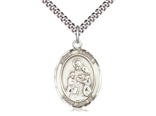 St Angela Merici Sterling Silver Pendant on a 24 inch Light Rhodium Heavy Curb Chain.