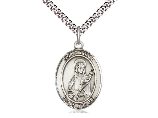 St Lucia of Syracuse Sterling Silver Pendant on a 24 inch Light Rhodium Heavy Curb Chain.